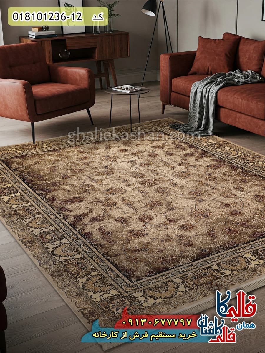 فرش وینتیج 1200 شانه طرح افشان آنا زمینه کرم نسکافه ای کاشان