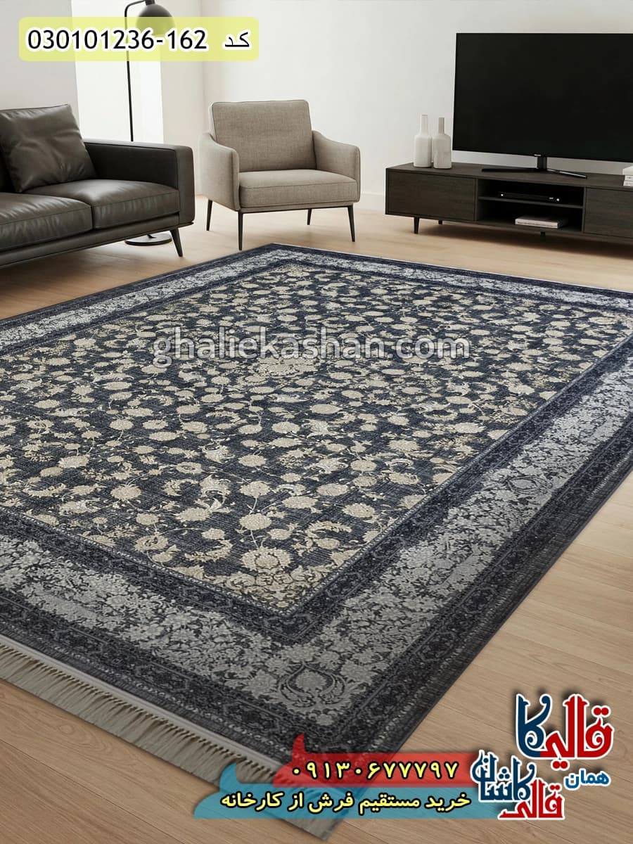 فرش طلاکوب وینتیج 1200 شانه طرح افشان سودا زمینه طوسی دودی کاشان