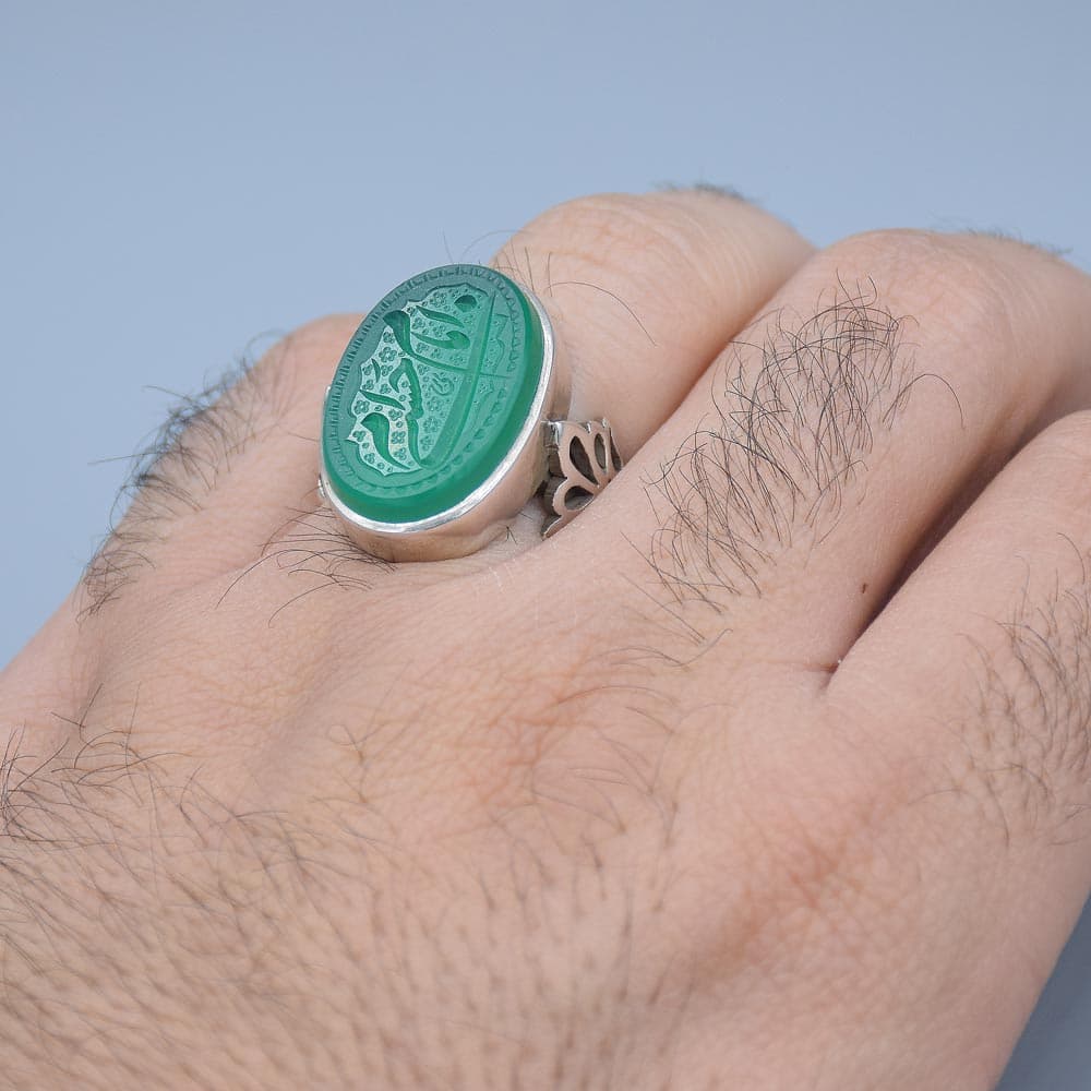 انگشتر عقیق سبز خطی “امام حسنی ام” مردانه «کد 4288» — تصویر ۴