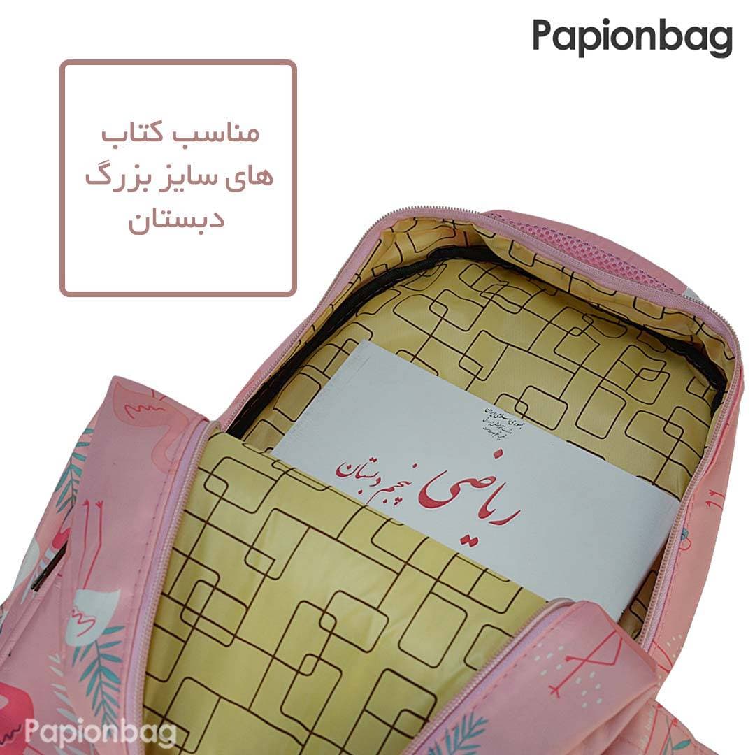کیف مدرسه دخترانه صورتی طرح فلامینگو کد147 — تصویر ۳
