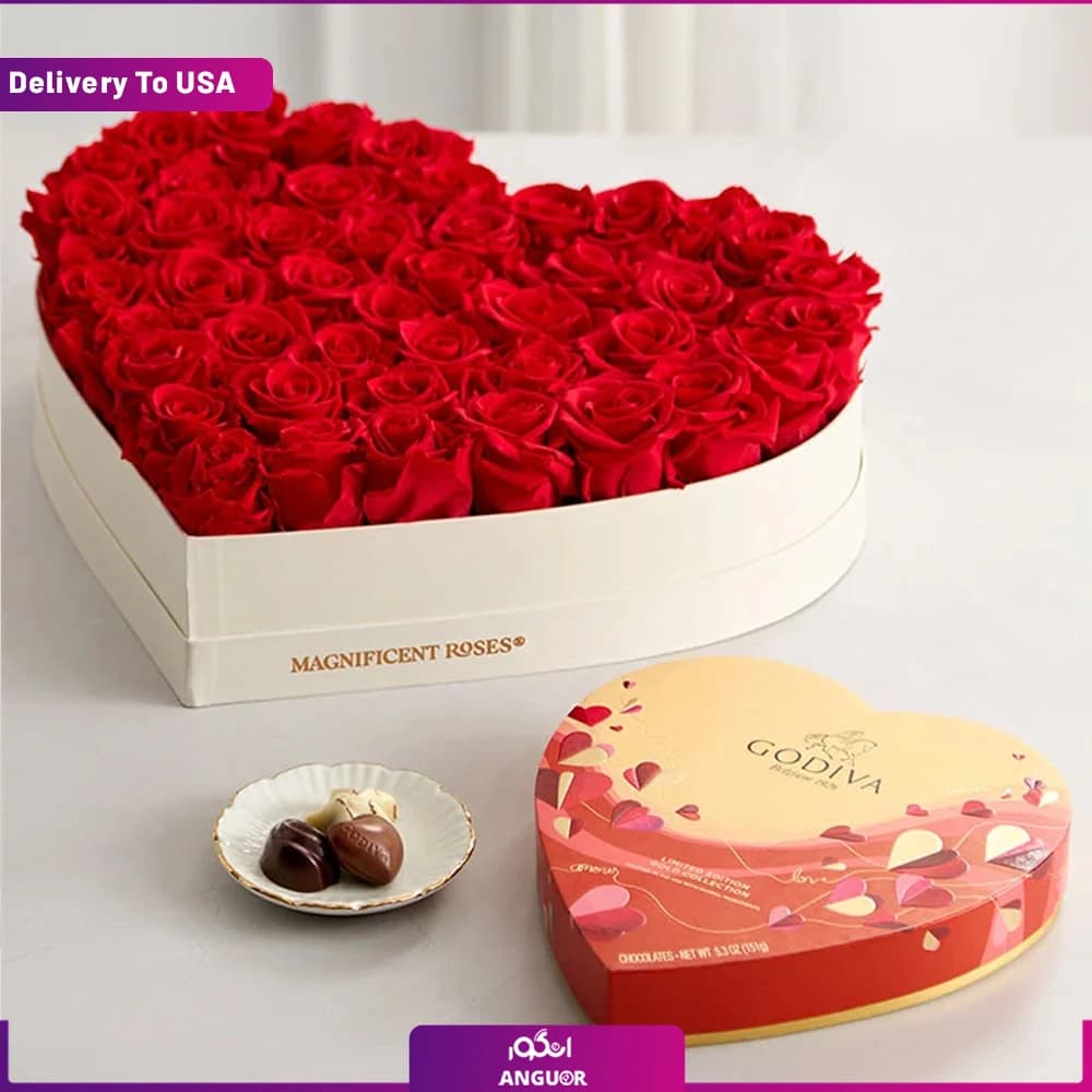باکس لاکچری قلبی از رزهای جاودان و شکلات (تحویل در آمریکا)