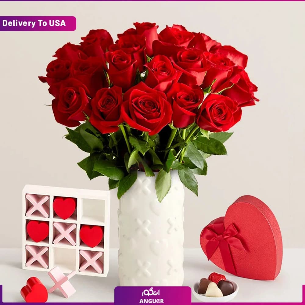 24 شاخه گل رز با شکلات و بازی XO (تحویل در آمریکا)