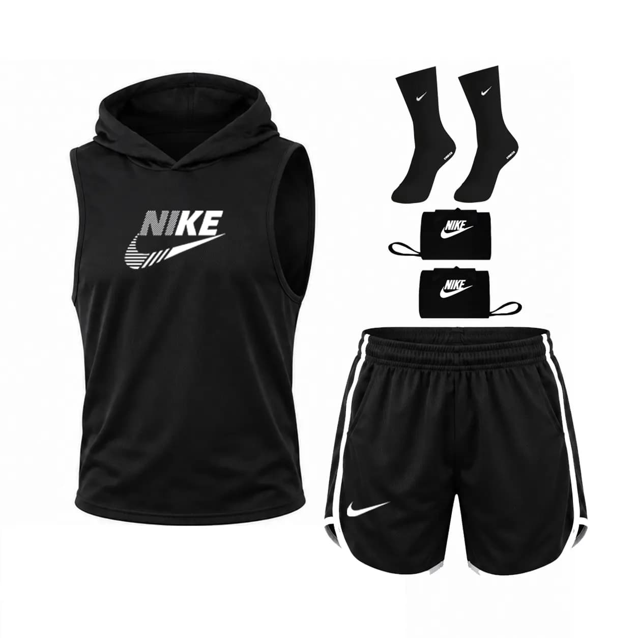ست 5 تکه کلاه دار ورزشی مدل n-pro | رکابی کلاه دار + شلوارک + مچ بند + جوراب NIKE