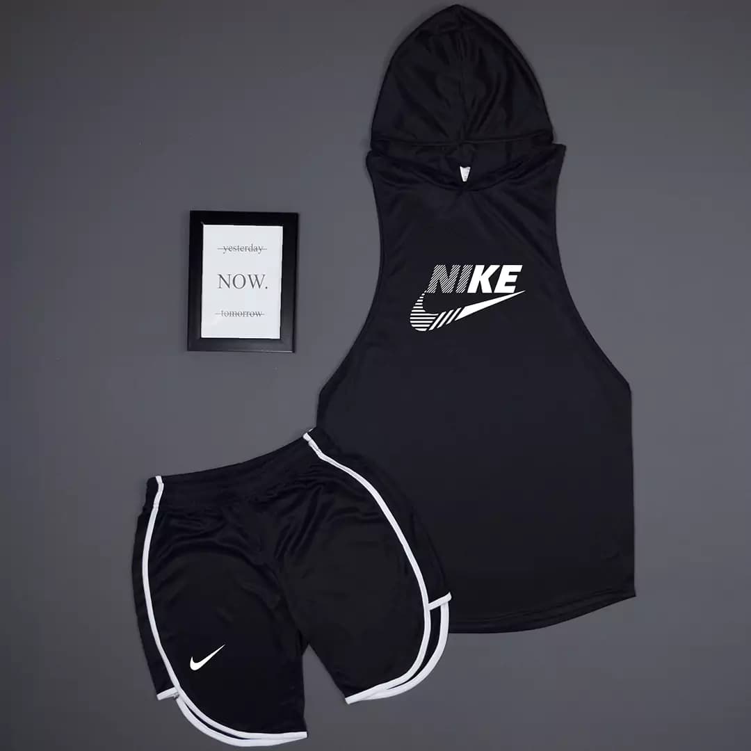 ست 5 تکه کلاه دار ورزشی مدل n-pro | رکابی کلاه دار + شلوارک + مچ بند + جوراب NIKE — تصویر ۵