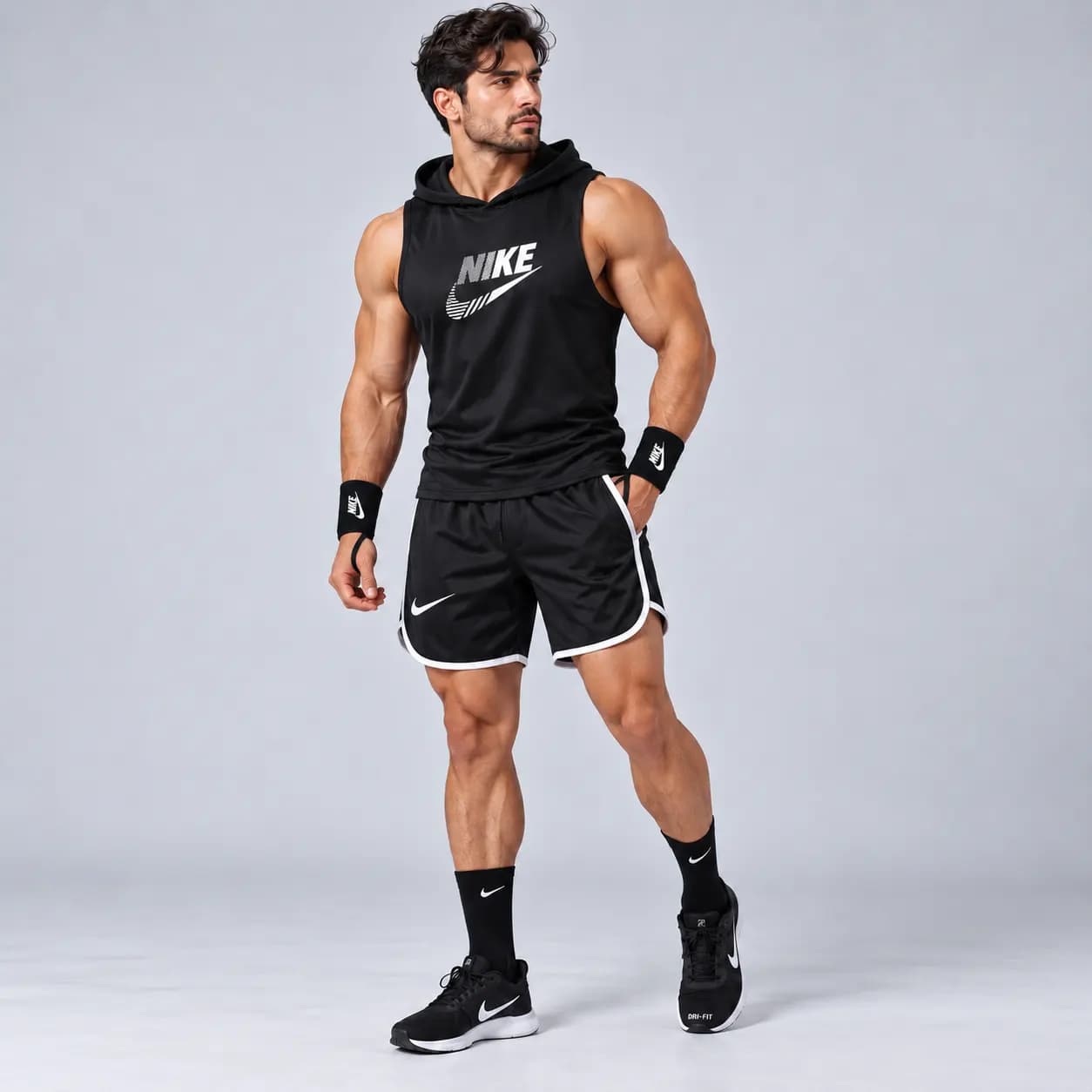 ست 5 تکه کلاه دار ورزشی مدل n-pro | رکابی کلاه دار + شلوارک + مچ بند + جوراب NIKE — تصویر ۲