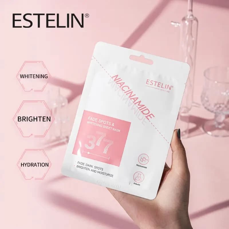 ماسک ورقه‌ای ضد لک و روشن کننده قوی نیاسینامید استلین Estelin Niacinamide Fade Spots & Whitening Sheet Mask مناسب انواع پوست — تصویر ۲