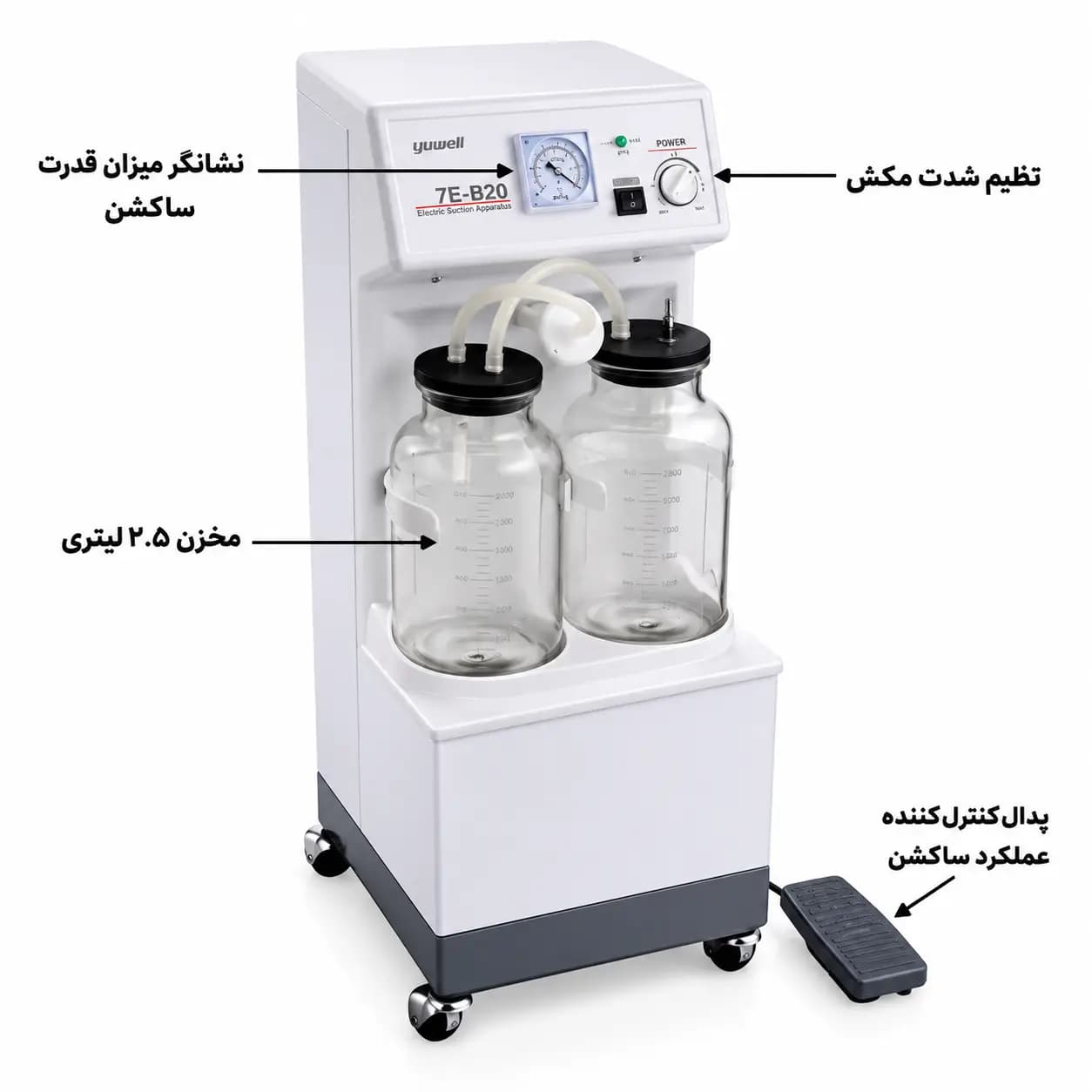 ساکشن دندانپزشکی دو شیشه جراحی پایه بلند یوول yuwell مدل 7A-23B — تصویر ۲