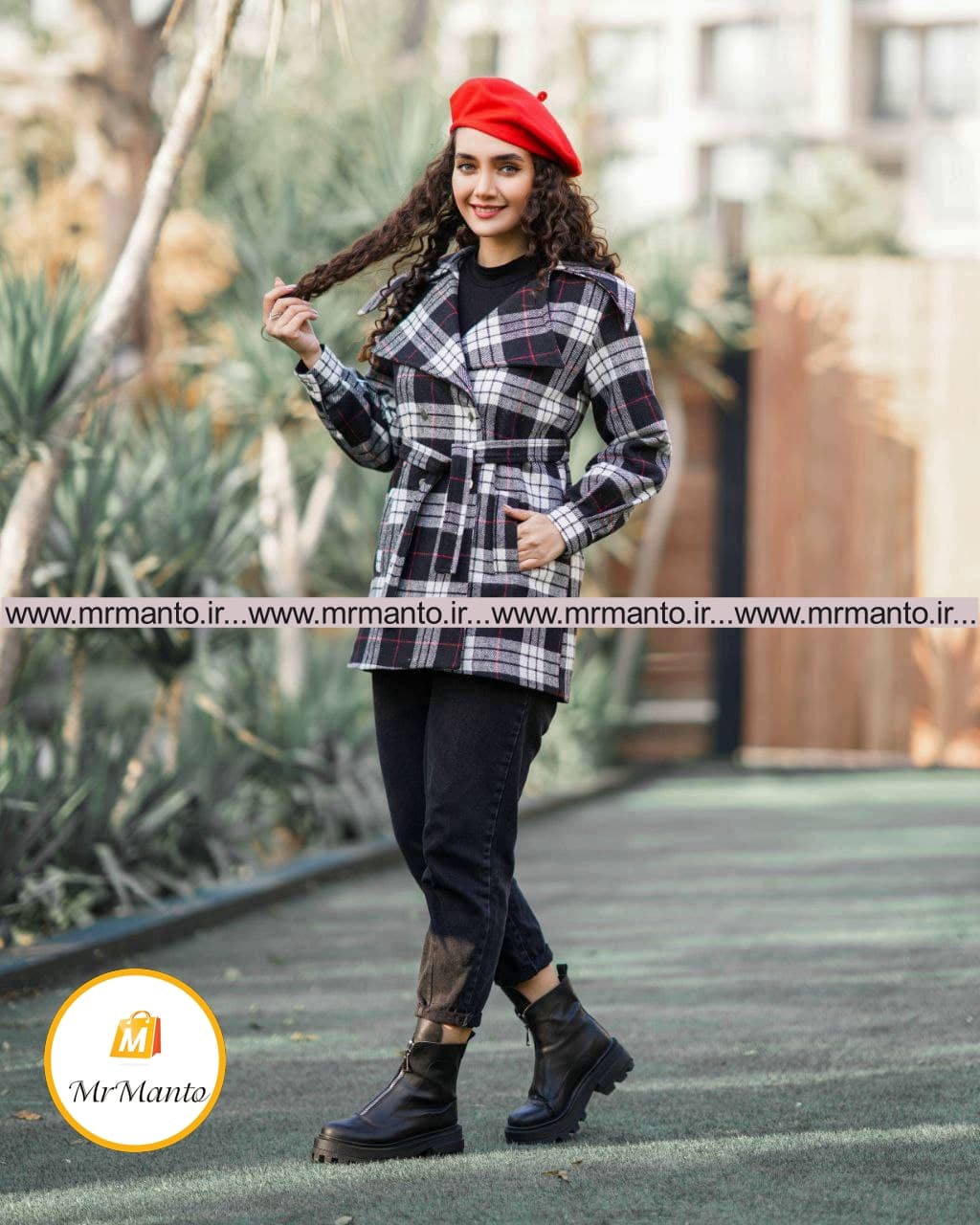 پالتو پاییزه چهارخونه پشت زنجیری — تصویر ۴