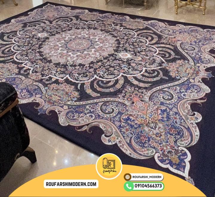 فرشینه / کاور فرش و روفرشی کشدار زمینه سرمه ای کد 0696