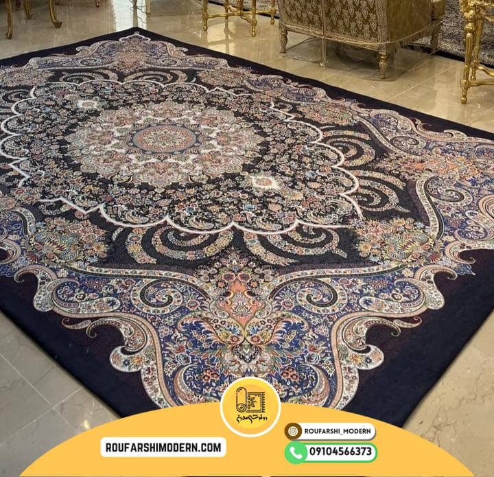 فرشینه / کاور فرش و روفرشی کشدار زمینه سرمه ای کد 0696 — تصویر ۳
