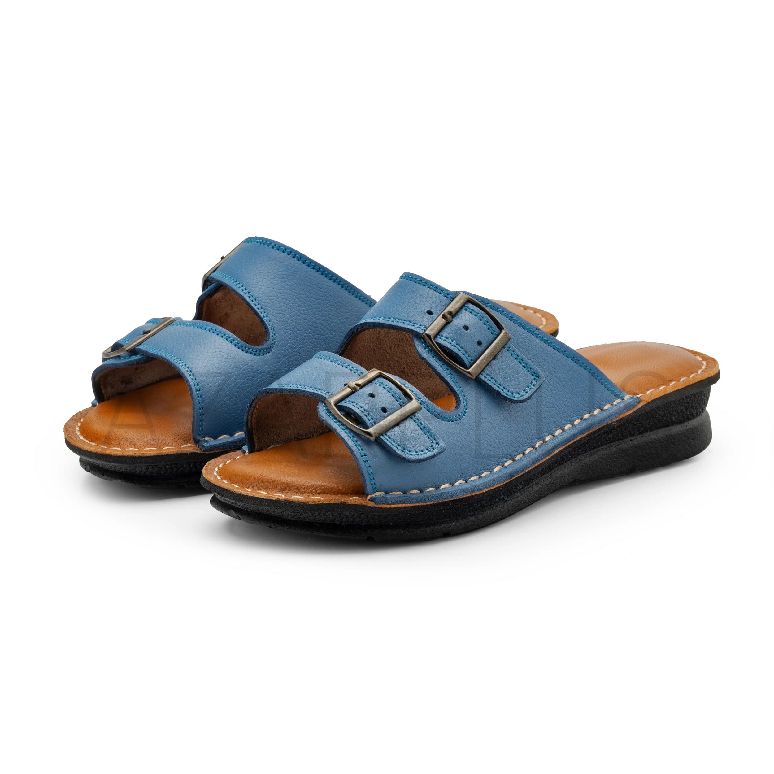 صندل طبی زنانه راحتی چرم طبیعی گاوی دوردوخت مدل واکر آبی روشن