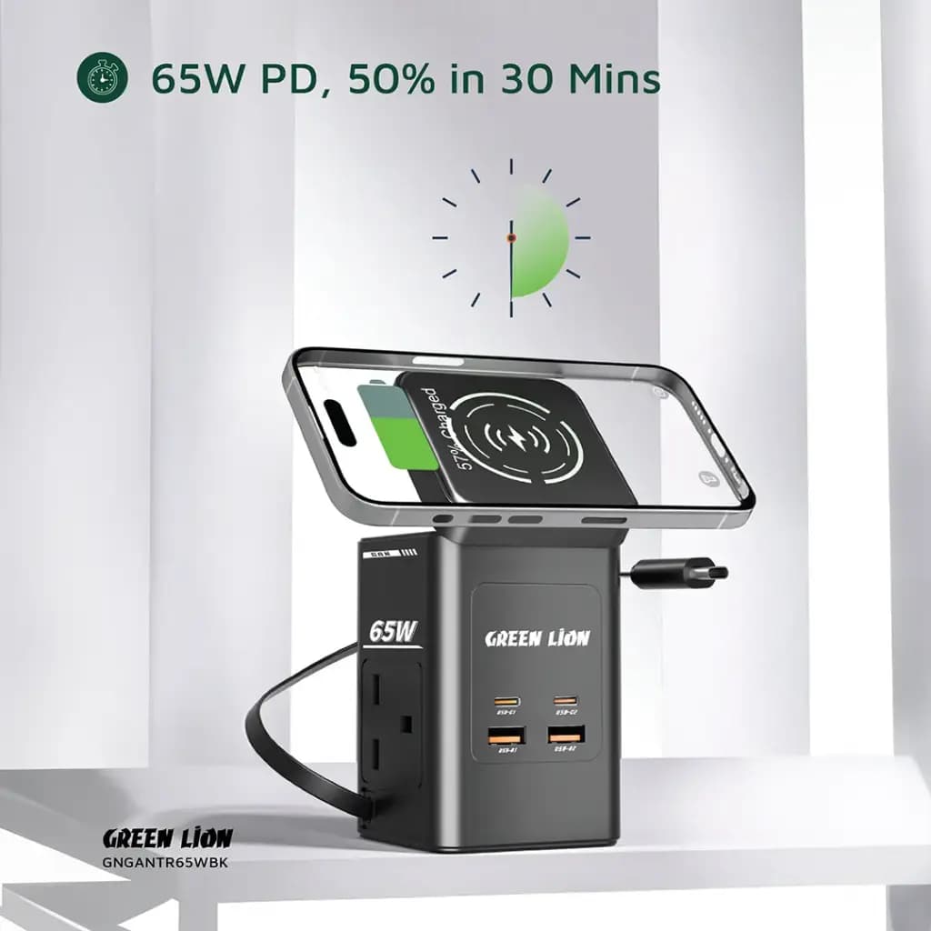 مولتی شارژر وایرلس رو میزی گرین لاین 65 وات مدل Green Lion GaN 65W Multi Port Travel Adapter — تصویر ۲