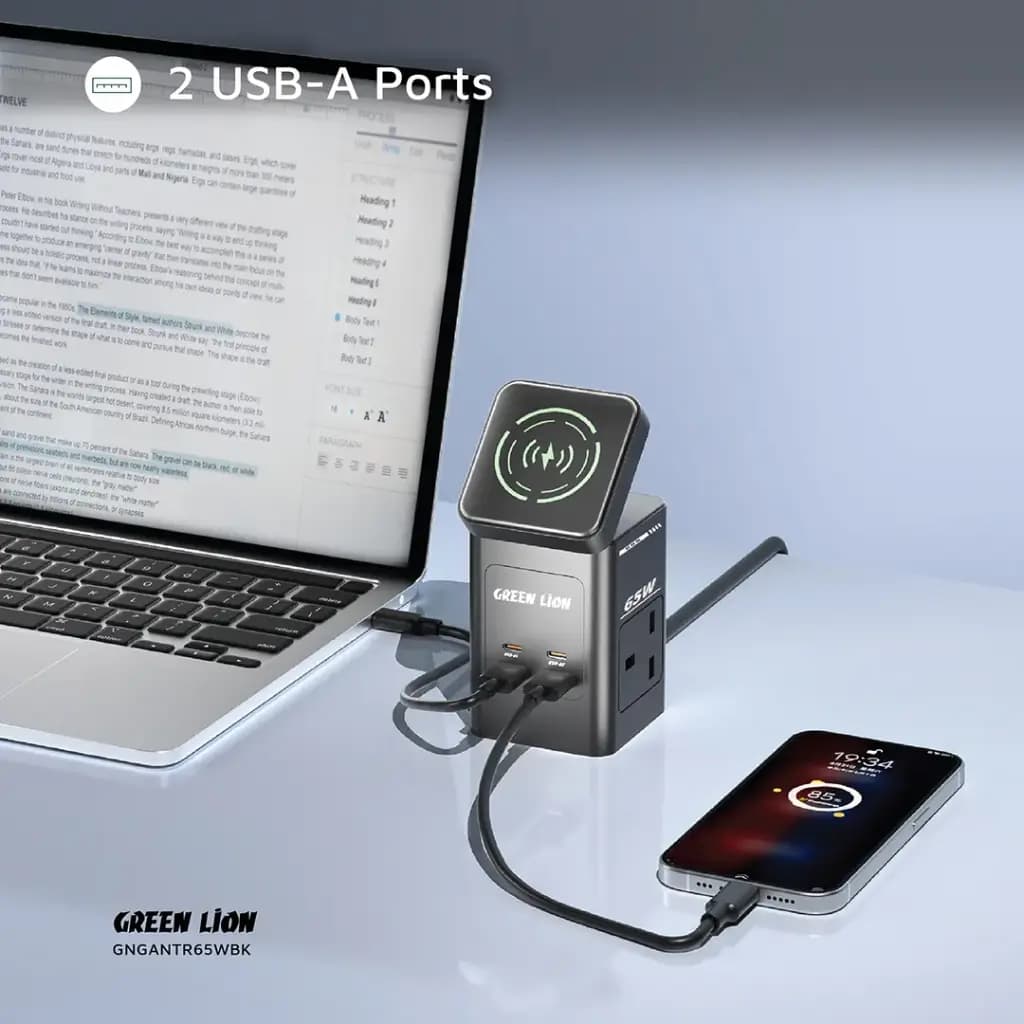 مولتی شارژر وایرلس رو میزی گرین لاین 65 وات مدل Green Lion GaN 65W Multi Port Travel Adapter — تصویر ۵
