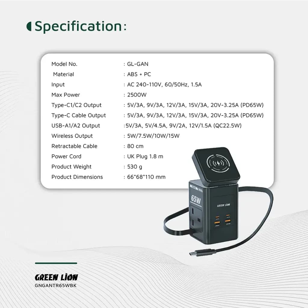 مولتی شارژر وایرلس رو میزی گرین لاین 65 وات مدل Green Lion GaN 65W Multi Port Travel Adapter — تصویر ۳