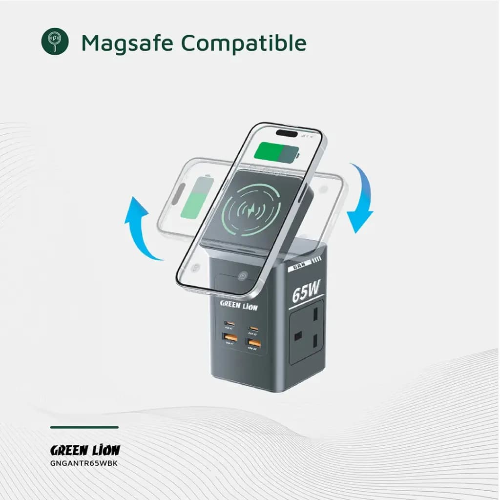 مولتی شارژر وایرلس رو میزی گرین لاین 65 وات مدل Green Lion GaN 65W Multi Port Travel Adapter — تصویر ۴