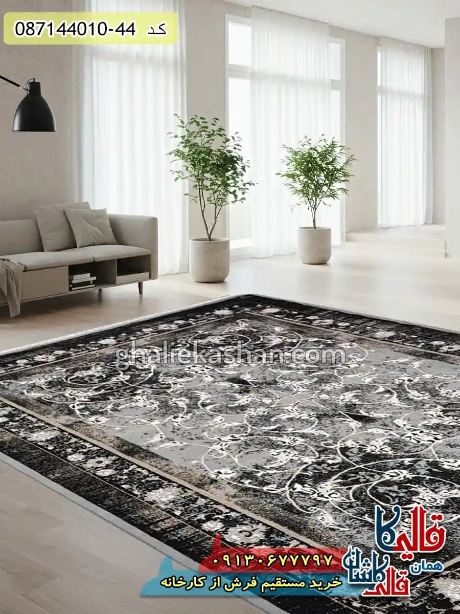 فرش ارزان طلاکوب وینتیج طرح 700 شانه طرح افشان دلانا رنگ فیلی مشکی کاشان