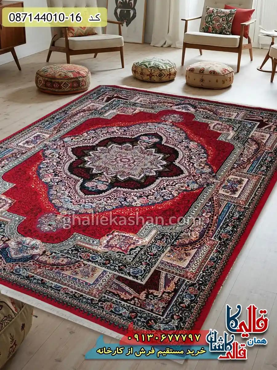 فرش ارزان طرح 700 شانه طرح باغ معلق رنگ قرمز لاکی کاشان