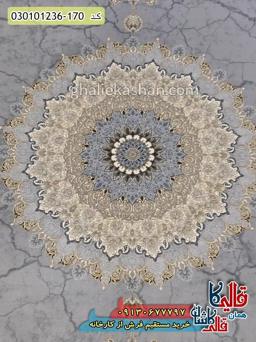 فرش طلاکوب 1200 شانه طرح نسیم زمینه طوسی سیلور کاشان — تصویر ۴