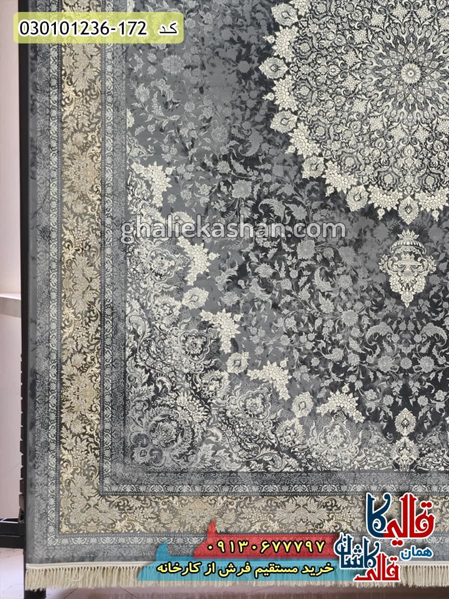 فرش طلاکوب وینتیج 1200 شانه طرح نگار زمینه طوسی دودی کاشان — تصویر ۳