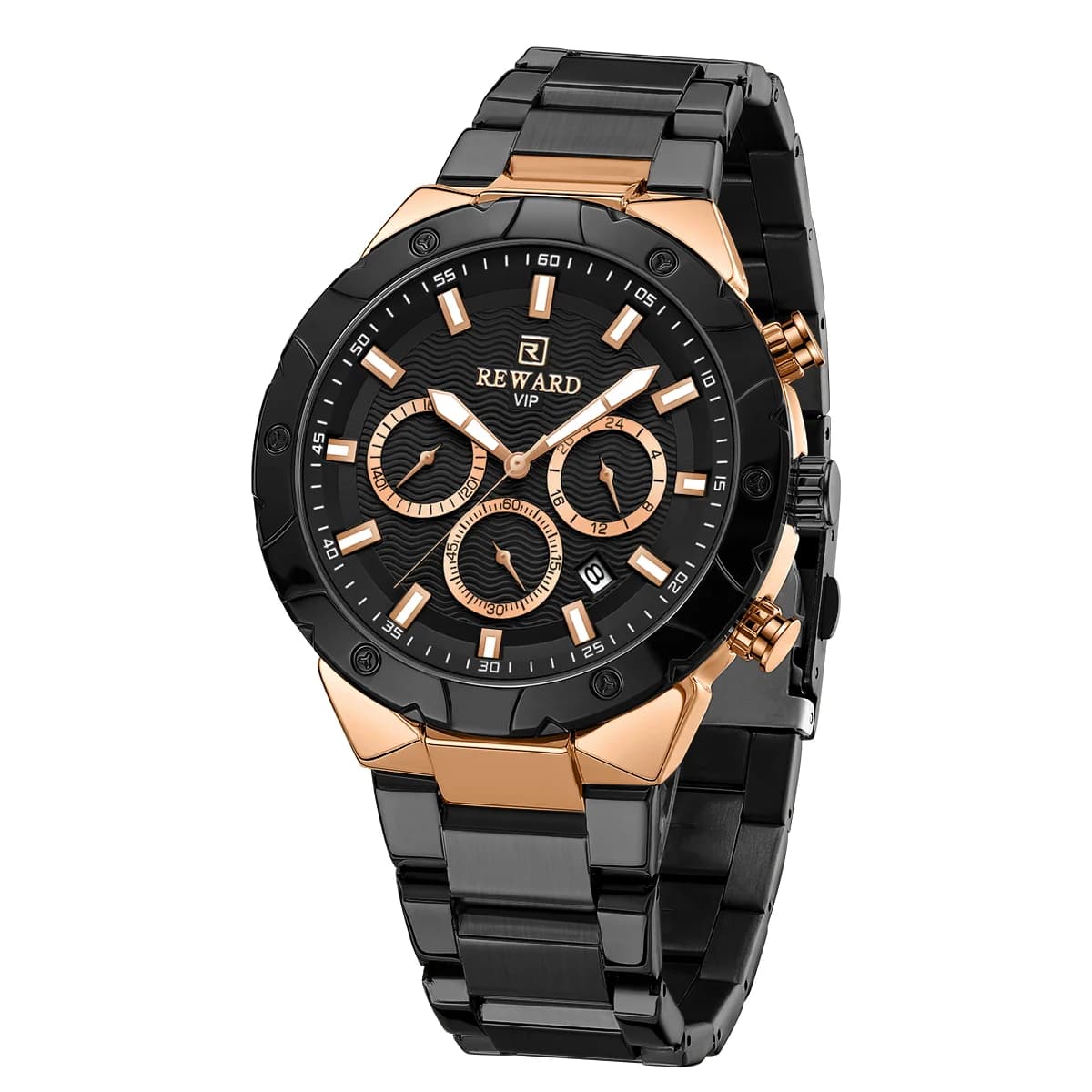 ساعت مچی عقربه ای مردانه ریوارد مشکی رزگلد مدل RD81970MC