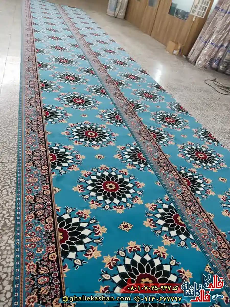 سجاده فرش نماز مسجد 700 شانه طرح تشریفات گردون رنگ آبی کاشان — تصویر ۲