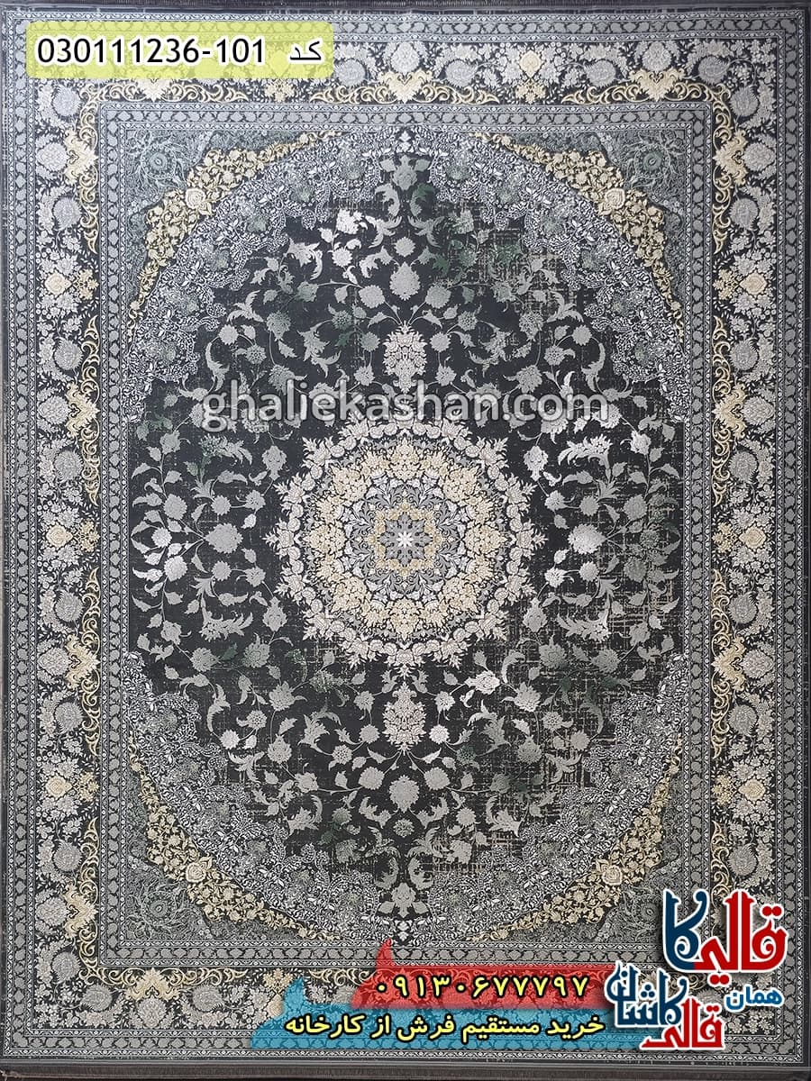فرش طلاکوب 1200 شانه طرح ساغر زمینه طوسی دودی گل برجسته کاشان — تصویر ۲