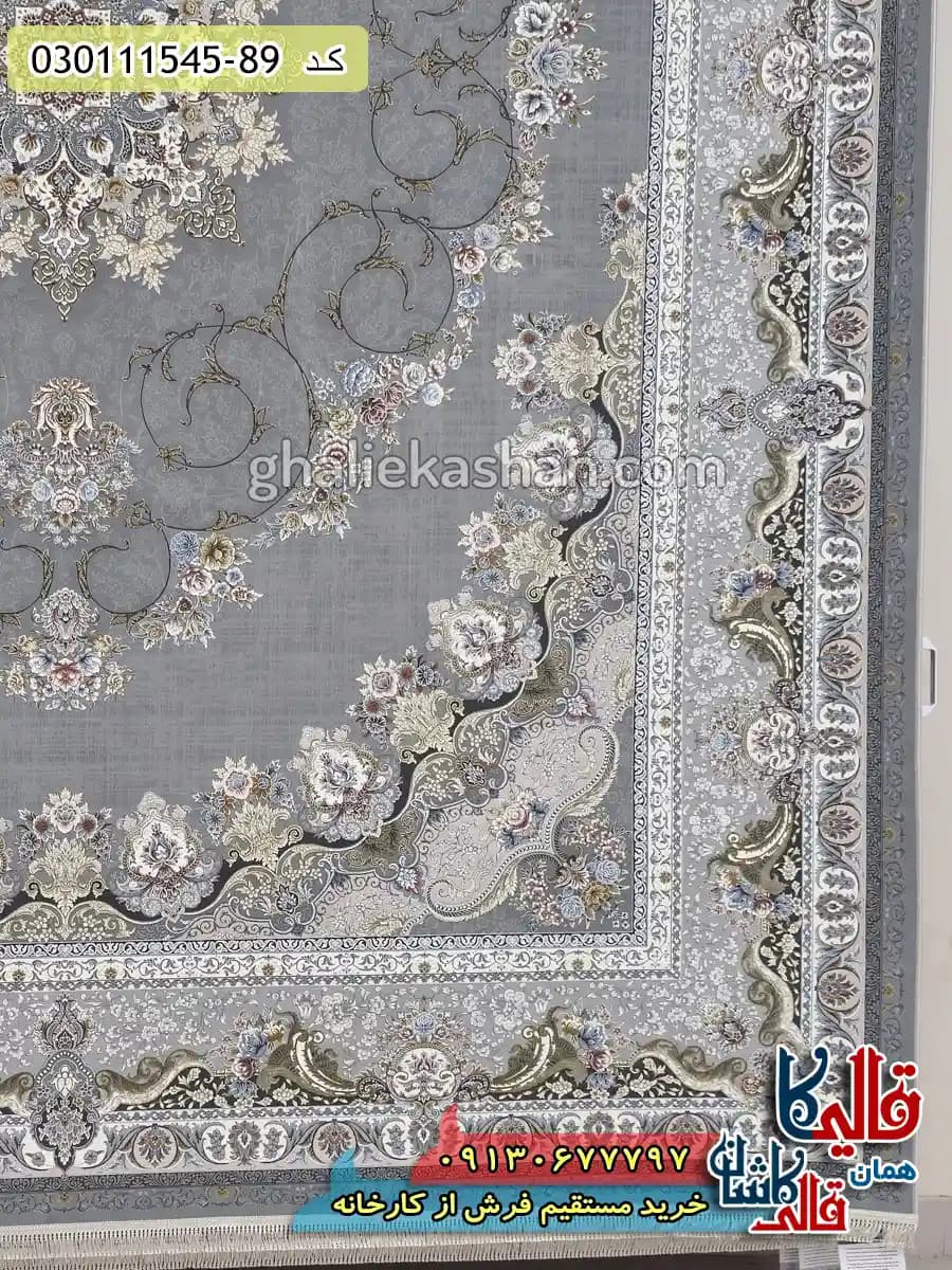 فرش 1500 شانه طرح تندیس زمینه طوسی گل برجسته کاشان — تصویر ۳