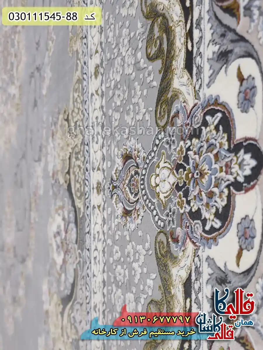 فرش 1500 شانه طرح تندیس زمینه طوسی نقره ای گل برجسته کاشان — تصویر ۵