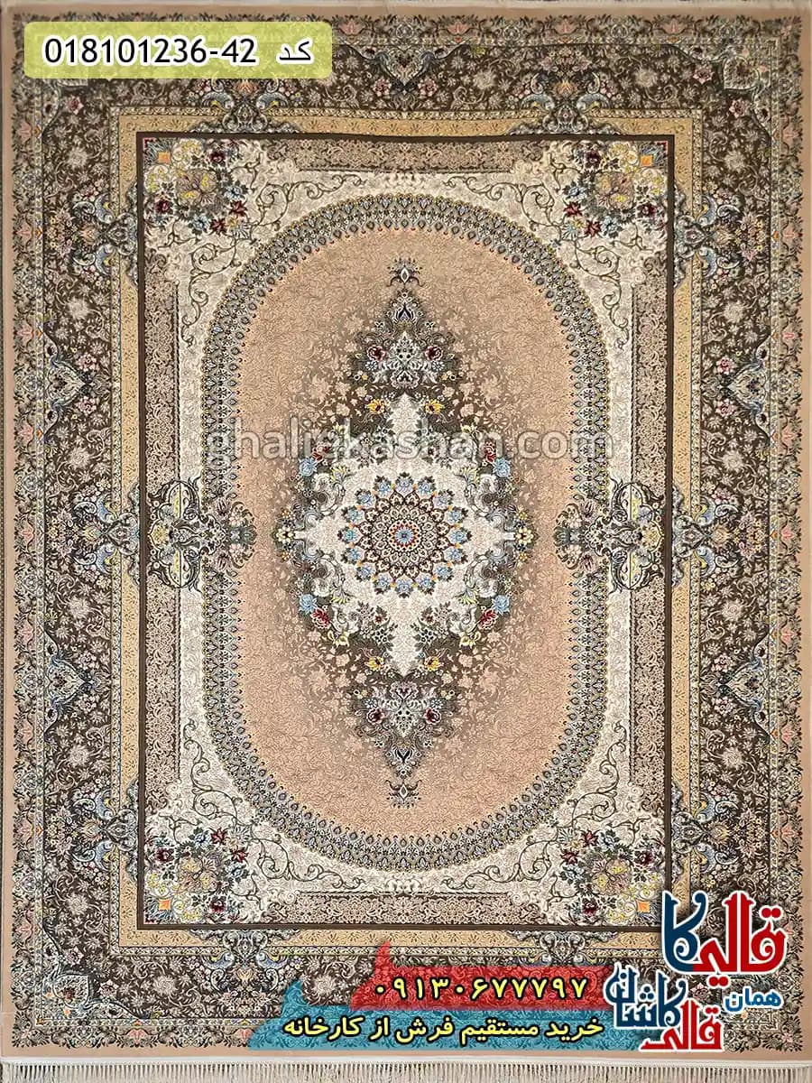فرش 1200 شانه طرح چکامه زمینه بادامی کاشان — تصویر ۲