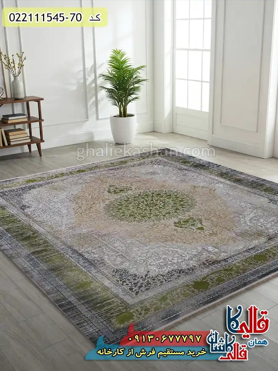 فرش طلاکوب وینتیج 1500 شانه طرح فرید زمینه یاسی حاشیه سبز گل برجسته کاشان