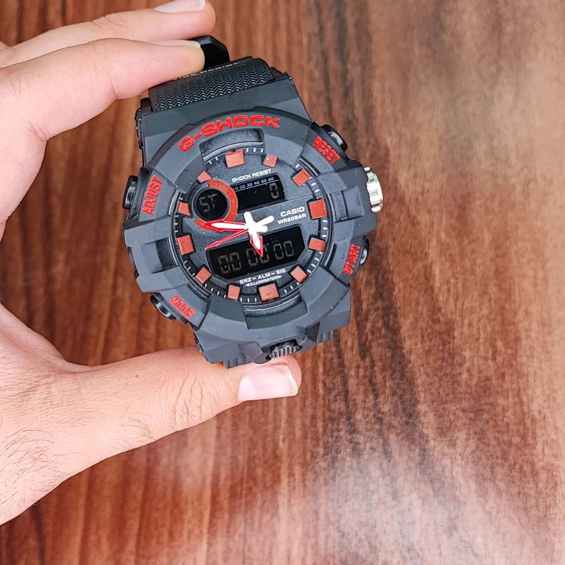 ساعت مچی عقربه‌ای مردانه دو زمانه جی شاک مشکی قرمز مدل GA-710GB — تصویر ۲