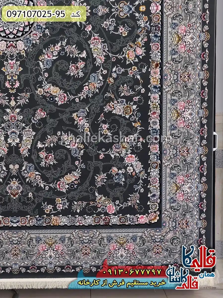 فرش 700 شانه طرح افشان غزل زمینه طوسی دودی کاشان — تصویر ۳