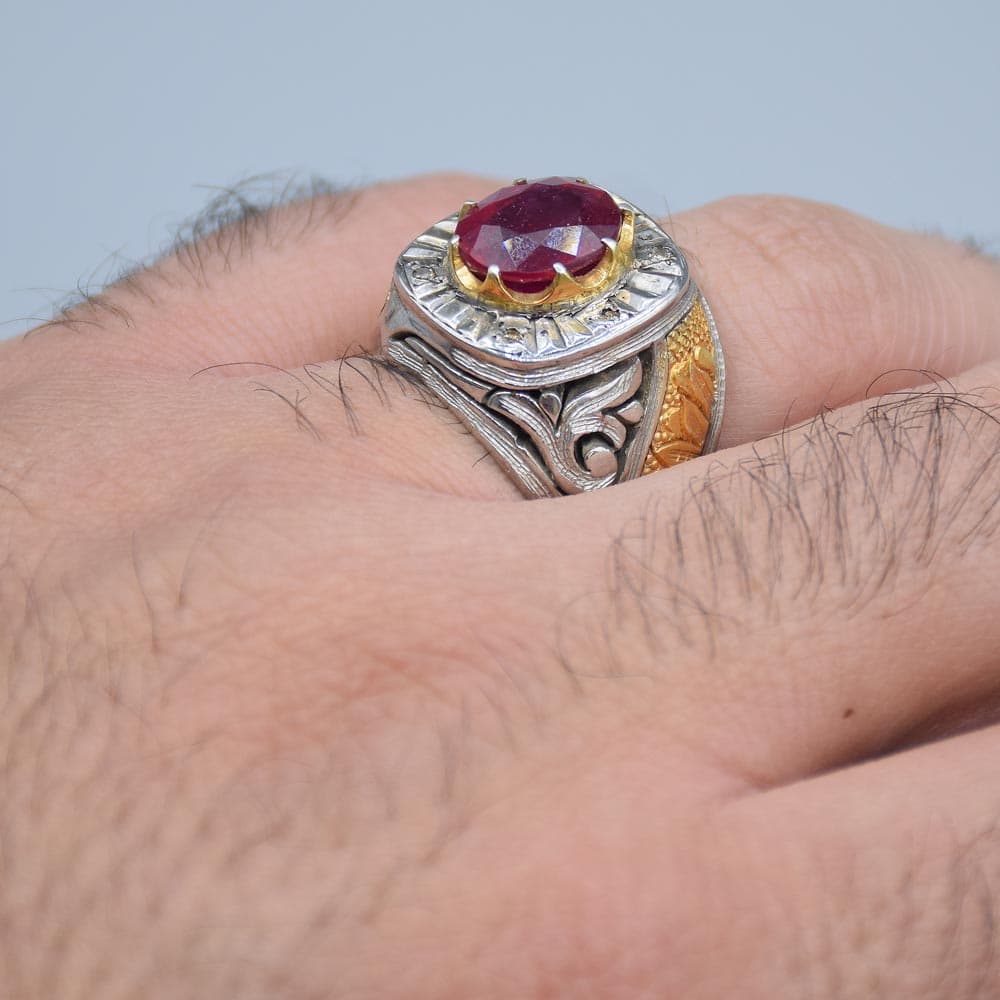 انگشتر یاقوت قرمز با 6 الماس مردانه «کد 4232» — تصویر ۴