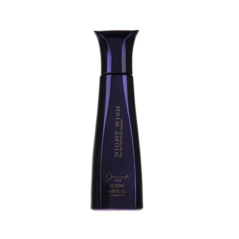 عطر جیبی زنانه ژک ساف مدل Night Wish حجم 20 میلی‌لیتر با رایحه گلی شرقی، نت آغازین ترنج و انگور فرنگی سیاه، نت میانی یاس و رز، نت پایانی وانیل و چوب صندل