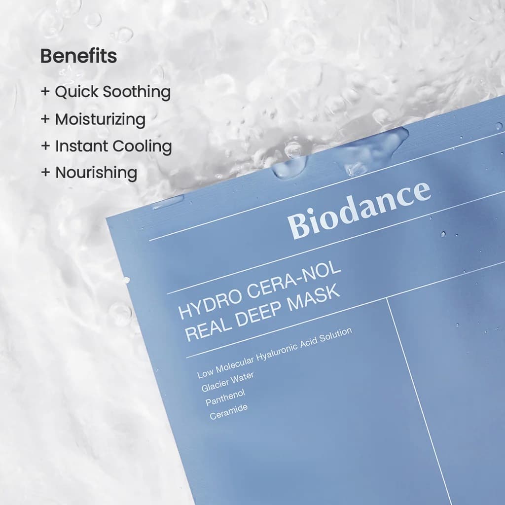 پک 4 تایی ماسک ورقه ای آبرسان بایودنس مدل Hydro Cera-nol Real Deep Mask مدل هیالورونیک اسید مرطوب‌کننده و تغذیه‌کننده پوست — تصویر ۷