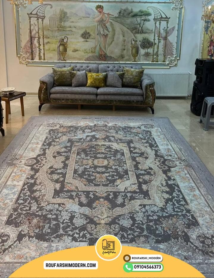 فرشینه / کاور فرش و روفرشی کشدار رنگ طوسی ترکیب آبی و نارنجی کد 1617 (ویدیو) — تصویر ۳