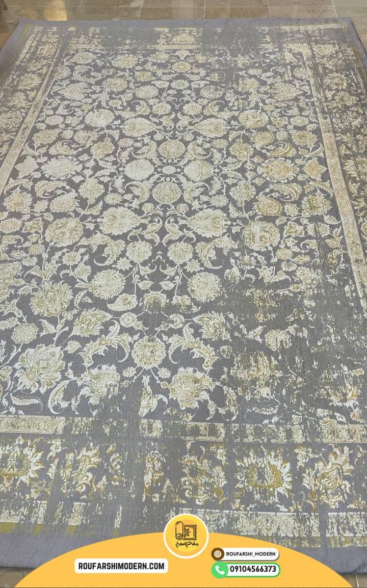 فرشینه / کاور فرش و روفرشی کشدار طرح افشان وینتیج پتینه رنگ زمینه طوسی ترکیب کرم کد 0784 (ویدیو) — تصویر ۳