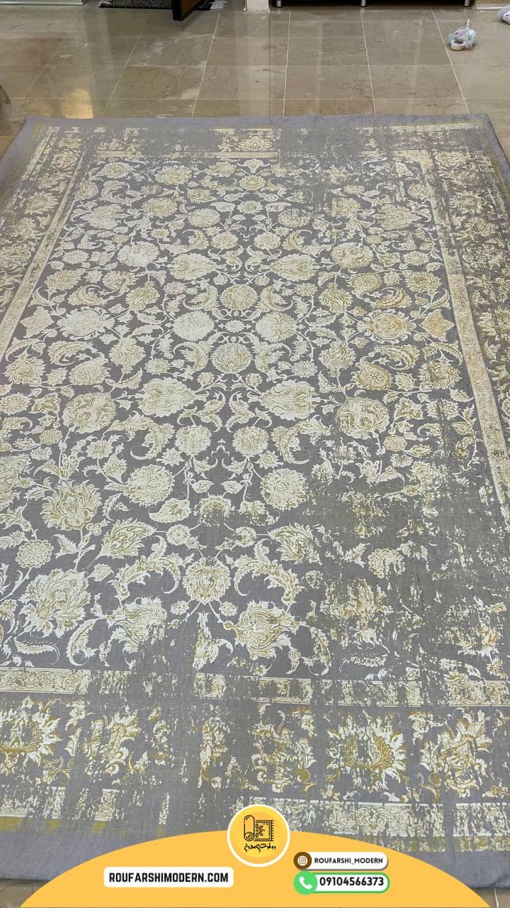 فرشینه / کاور فرش و روفرشی کشدار طرح افشان وینتیج پتینه رنگ زمینه طوسی ترکیب کرم کد 0784 (ویدیو) — تصویر ۴