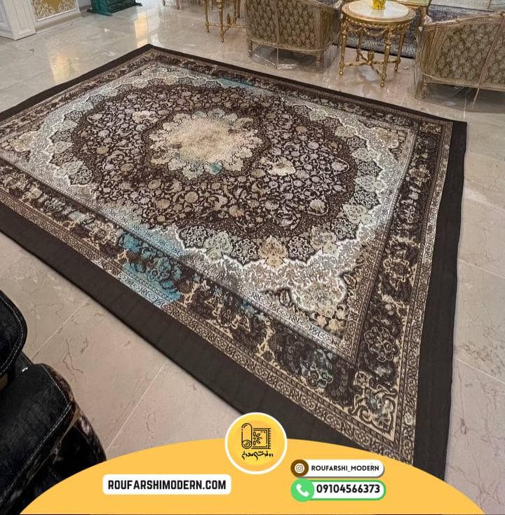 فرشینه / کاور فرش و روفرشی کشدار طرح وینتیج پتینه ترکیب رنگ قهوه ای و کرم کد 1596 (ویدیو) — تصویر ۳