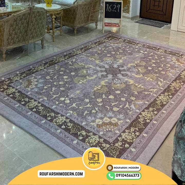 فرشینه / کاور فرش و روفرشی کشدار رنگ یاسی سیر و یاسی روشن ترکیب رنگ طلایی کد 1629 (ویدیو) — تصویر ۲