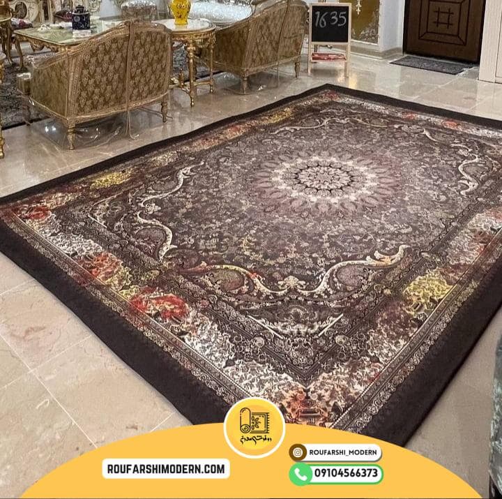 فرشینه / کاور فرش و روفرشی کشدار طرح وینتیج پتینه بسیار زیبا رنگ قهوه ای ترکیب طوسی و کرم کد 1635 (ویدیو) — تصویر ۳