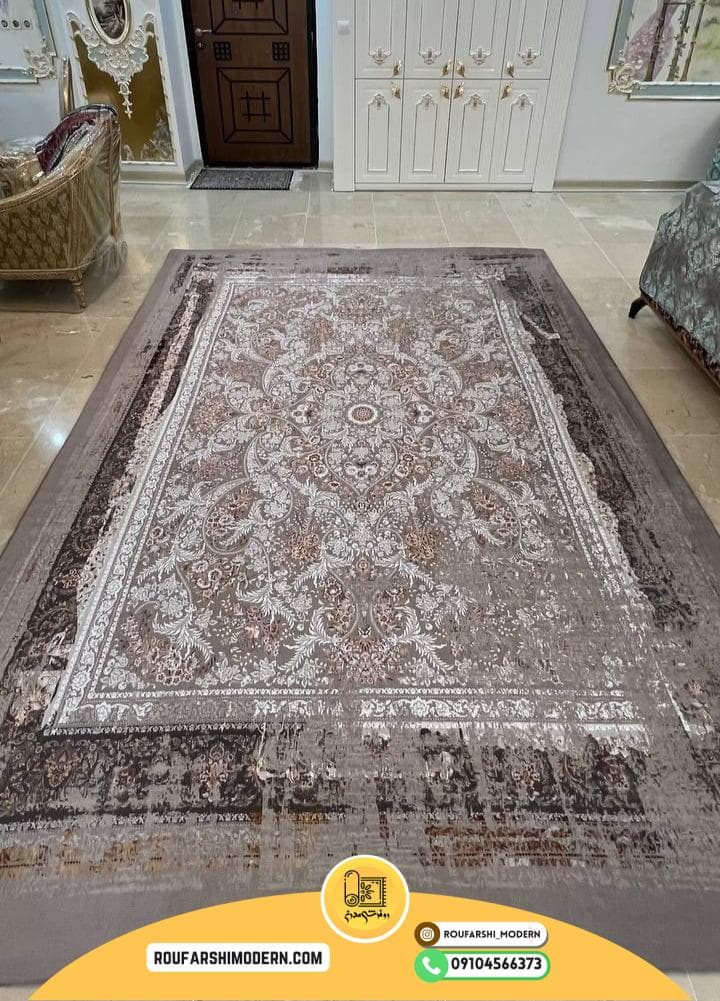 فرشینه / کاور فرش و روفرشی کشدار طرح وینتیج پتینه رنگ زمینه نسکافه ای ترکیب قهوه ای و آجری کد 1646 (ویدیو) — تصویر ۳