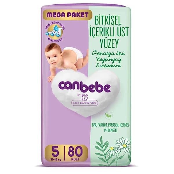 پوشک بچه جان‌به‌به (Canbebe) سایز 5 بسته بزرگ 80 عددی مناسب 11 تا 18 کیلوگرم