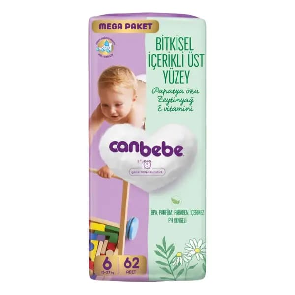 پوشک بچه جان‌به‌به (Canbebe) سایز 6 بسته بزرگ 62 عددی مناسب 15 تا 27 کیلوگرم — تصویر ۳