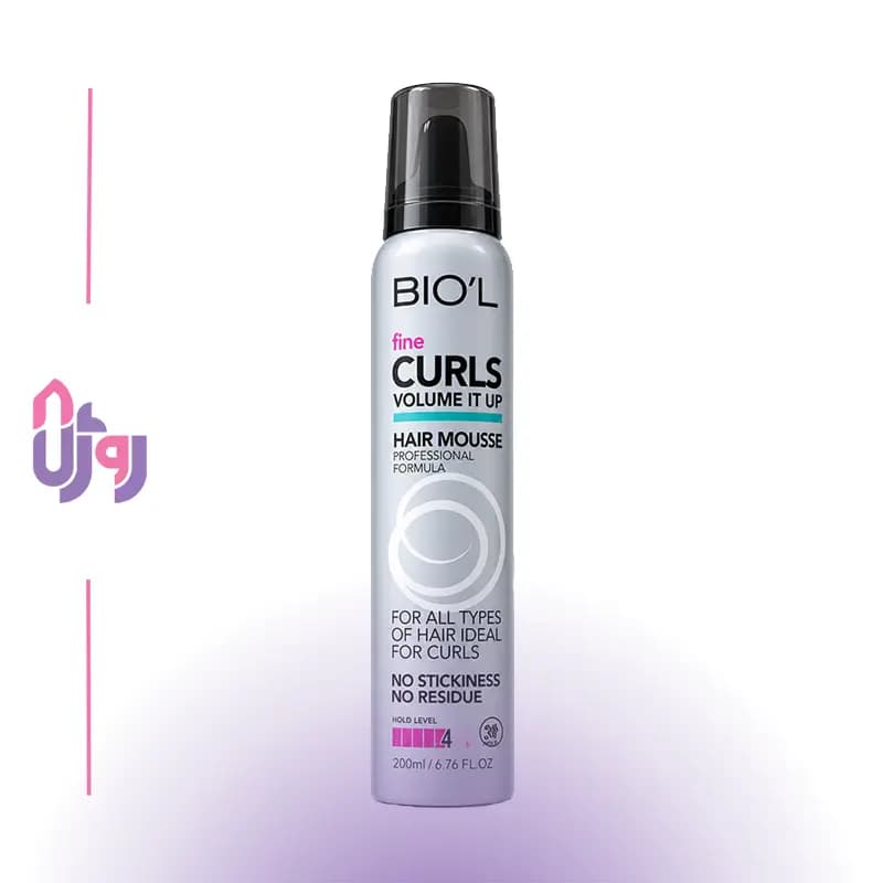 اسپری مو بیول Biol مدل موس حالت‌دهنده و حجم‌دهنده Fine Curls Volume Tube Hair Mousse نگهدارندگی 4 Strong Hold حجم200میل