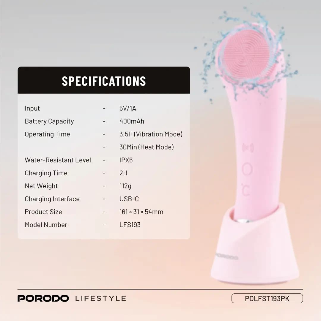 براش پاک کننده صورت شارژی پرودو Porodo Lifestyle Sonic Vibration Facial Cleansing Brush PDLFST193PK — تصویر ۳