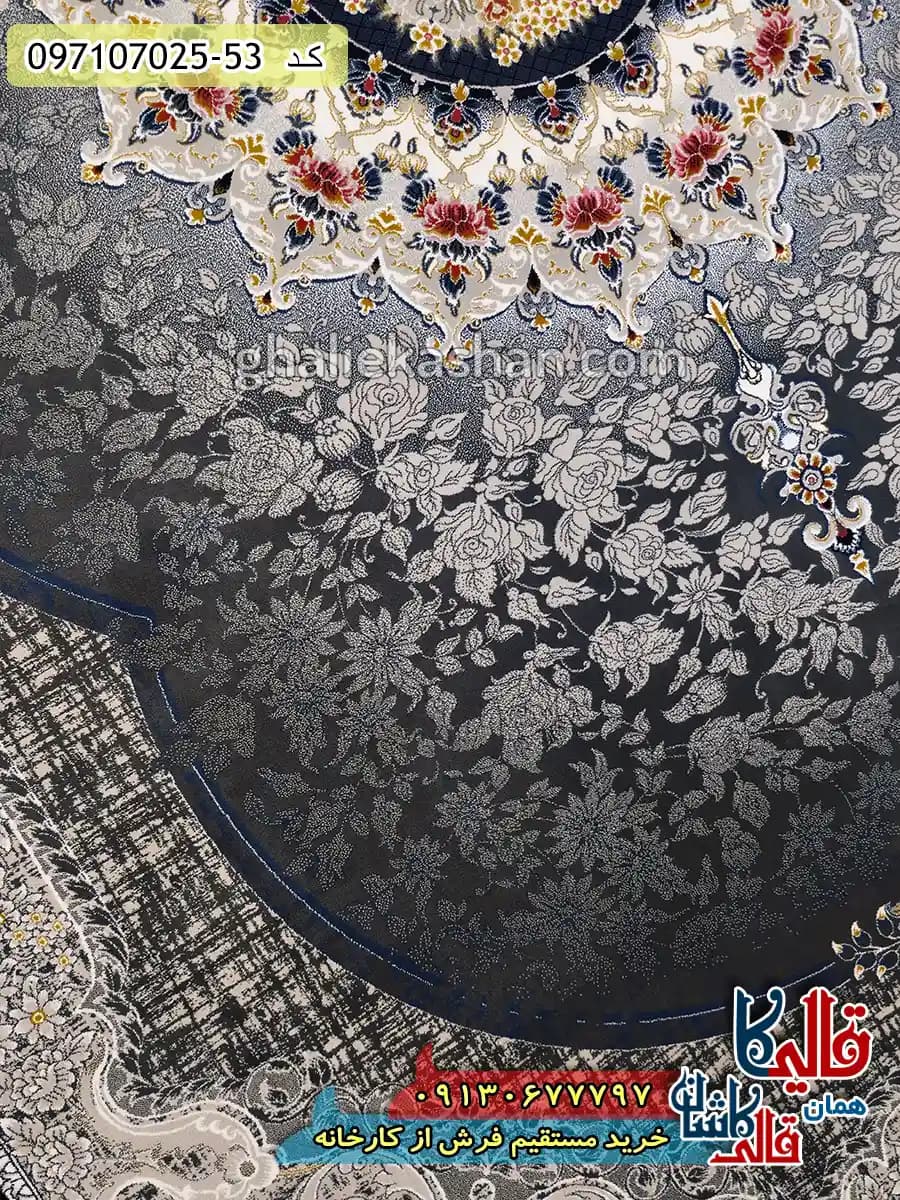 فرش 700 شانه طرح دردانه زمینه طوسی دودی کاشان — تصویر ۵