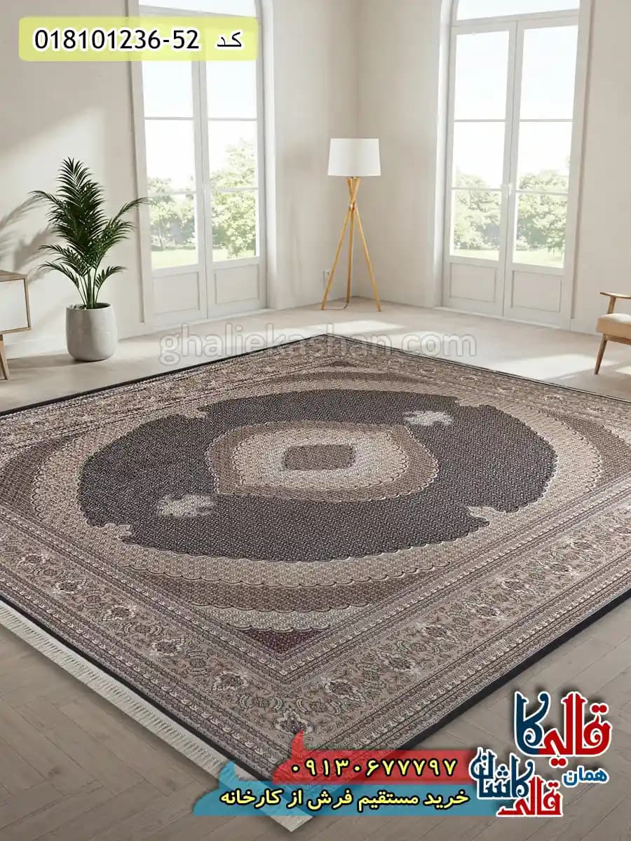 فرش 1200 شانه طرح ریز ماهی زمینه سرمه ای کاشان