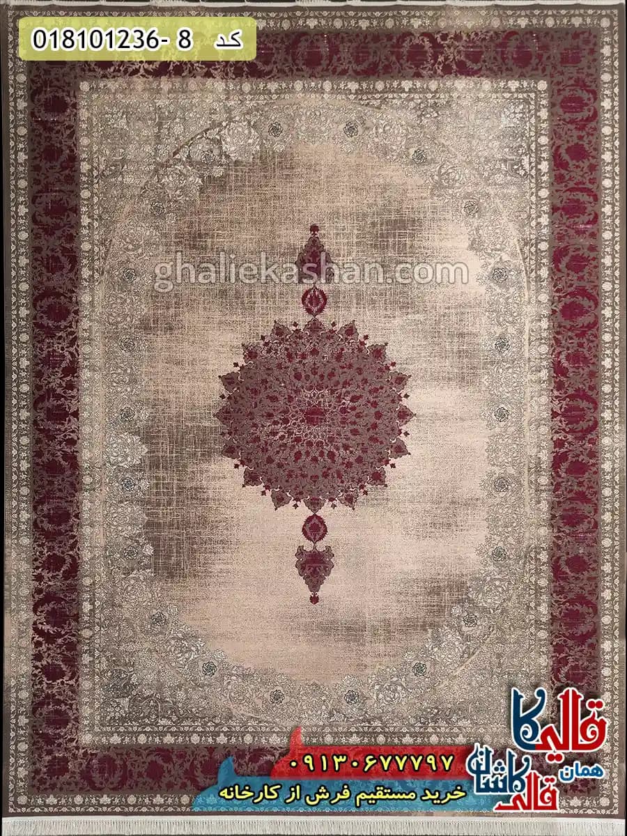 فرش وینتیج 1200 شانه طرح صدرا زمینه بژ قرمز کاشان — تصویر ۲
