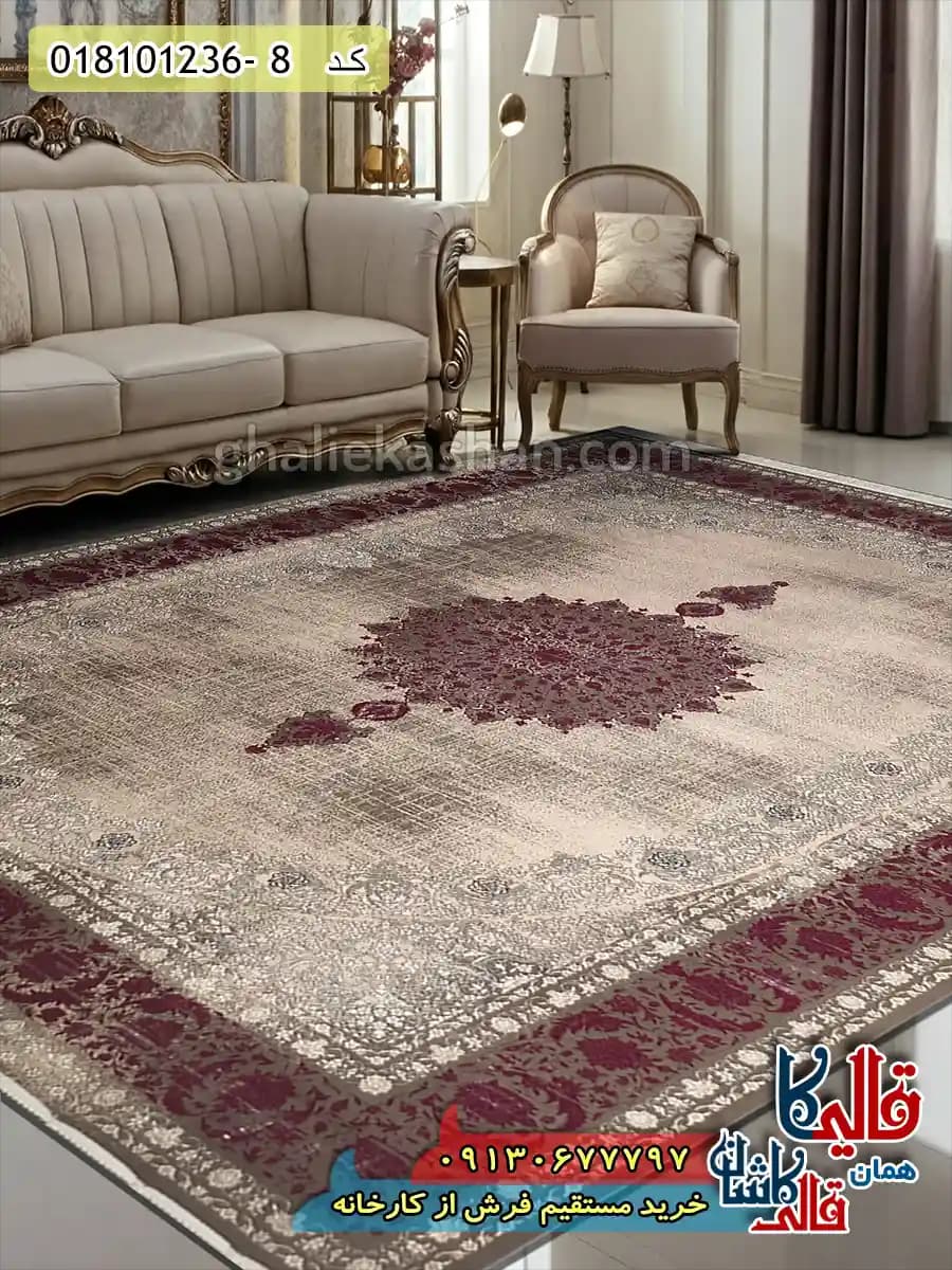 فرش وینتیج 1200 شانه طرح صدرا زمینه بژ قرمز کاشان